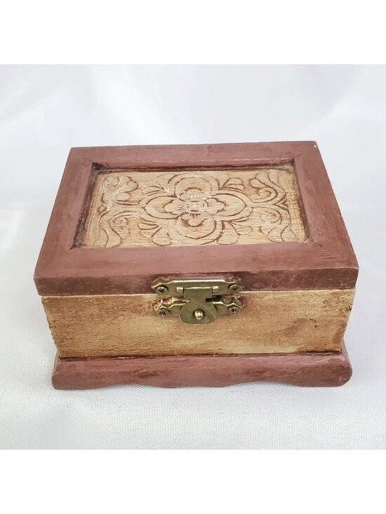 Other - VTG Hand-Carved Wooden Jewelry Trinket Box With Floral Design & Brass Latch